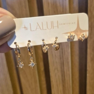 TRIO ARGOLAS E ESTRELAS OURO ZIRCONIAS