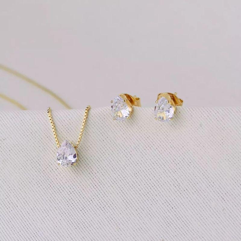 Conjunto Dourado Ponto de Luz Gota Cristal 8mm / 40+5cm