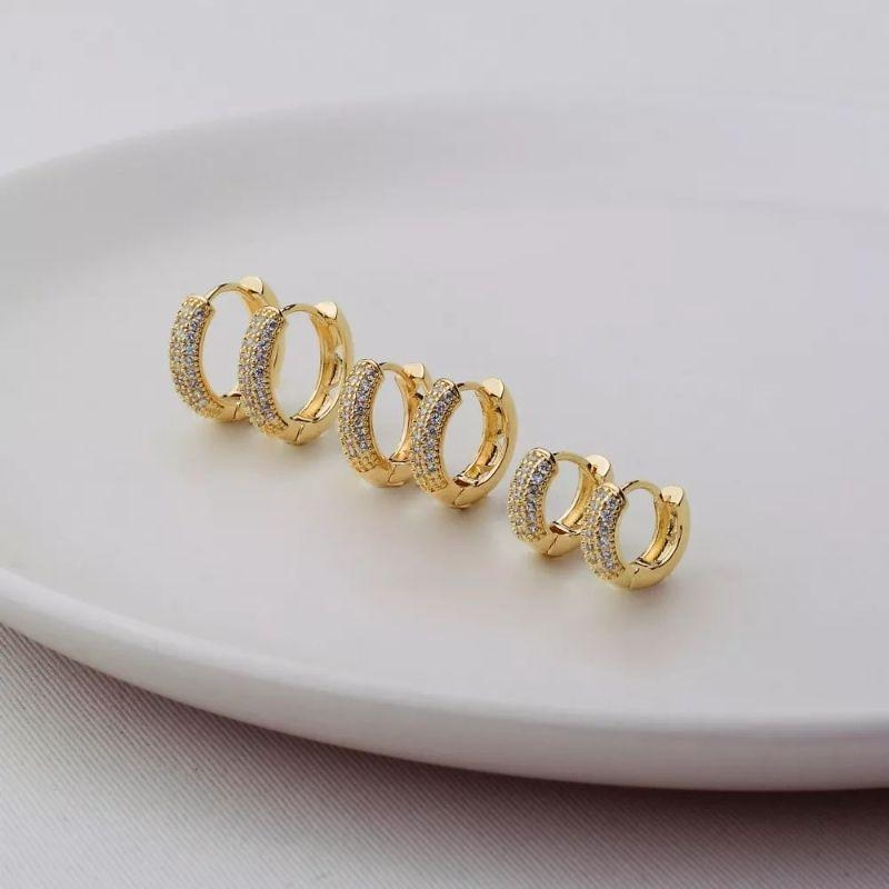 Trio de brincos dourado argolas cristais 11/14/16MM