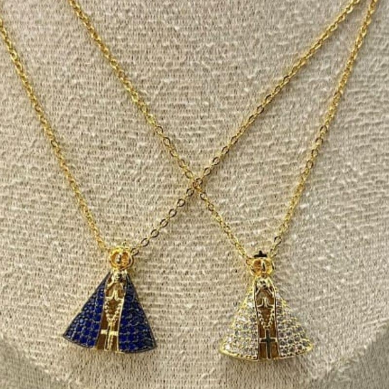 COLAR NOSSA SENHORA DUPLA FACE CRAVEJADA OURO