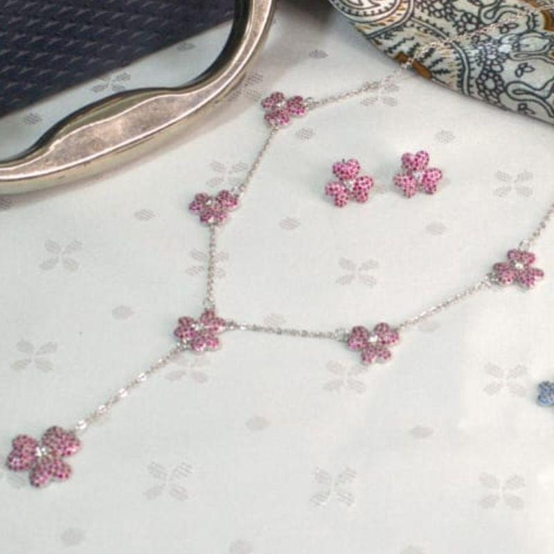 CONJUNTO RODIO FLOR ROSA