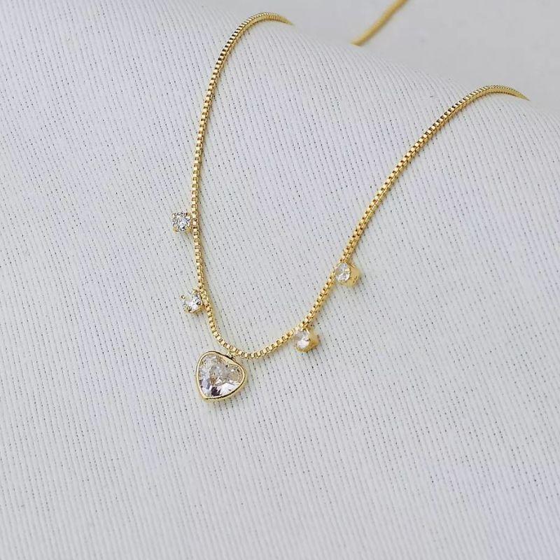 Colar coração cravejado cristal 35+10cm