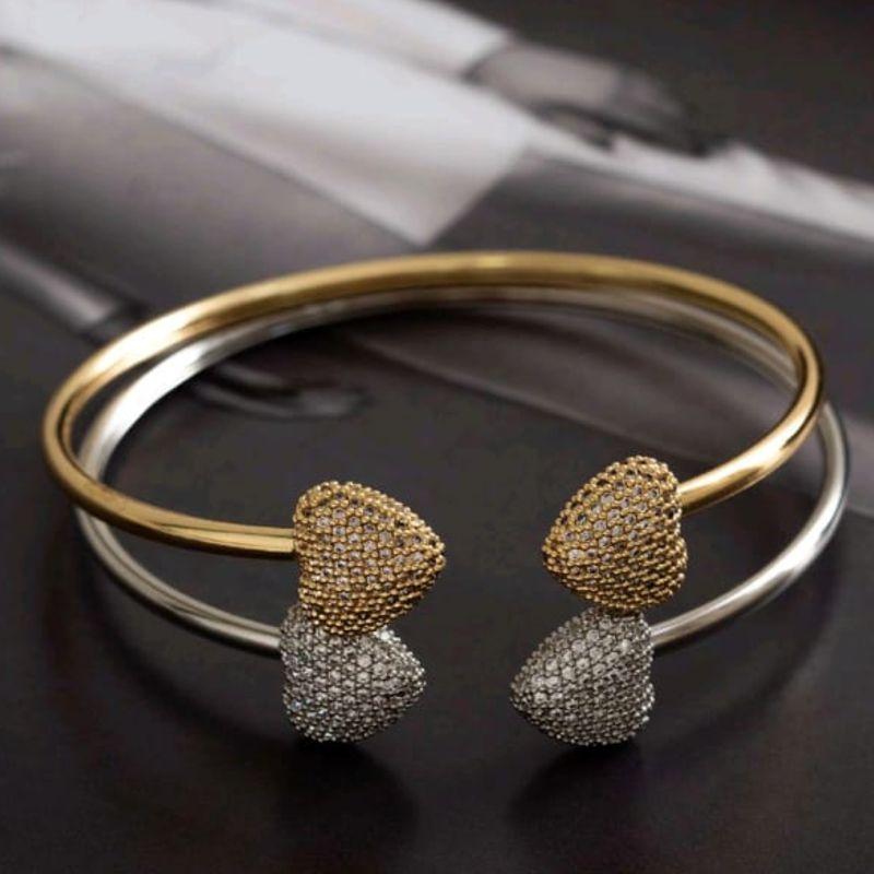 BRACELETE OURO CORAÇOES CRAVEJADOS