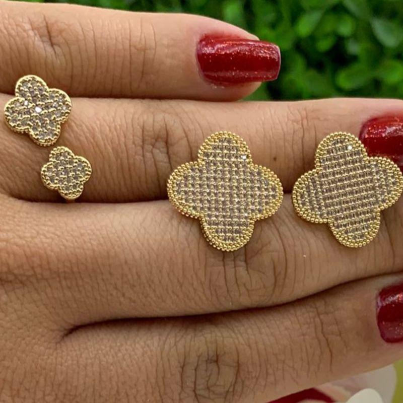 CONJUNTO BRINCO E ANEL TREVO OURO