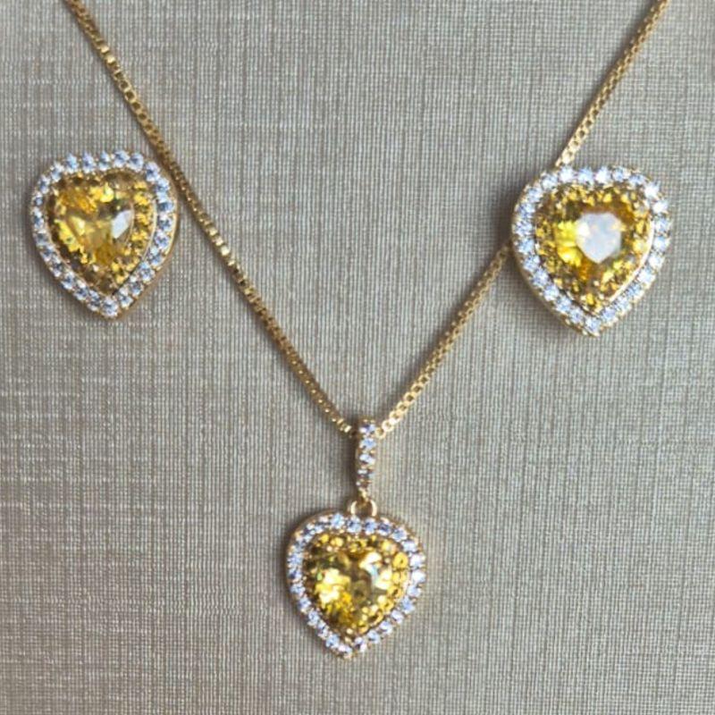 CONJUNTO CORAÇÃO CITRINO OURO CRAVEJADO