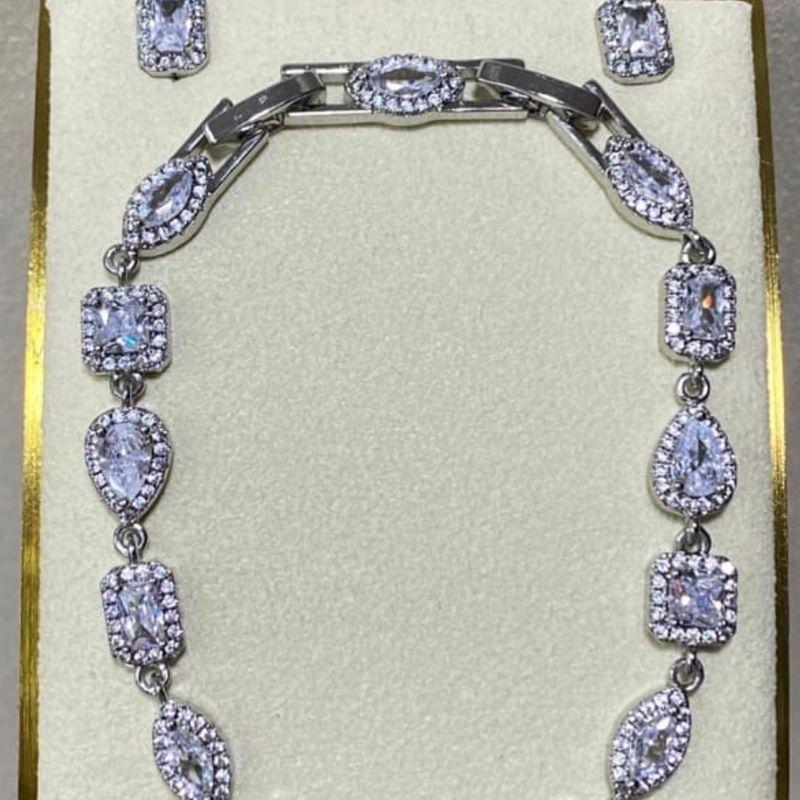 CONJUNTO PULSEIRA RIVIERA + BRINCO RODIO CRISTAL