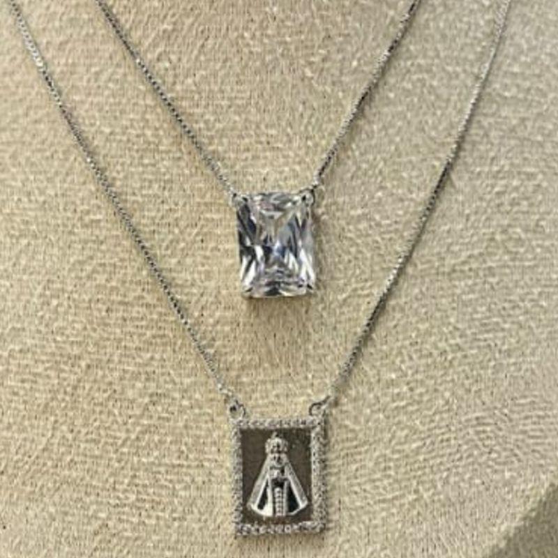 COLAR ESCAPULARIO RODIO CRAVEJADO CRISTAL E NOSSA SENHORA
