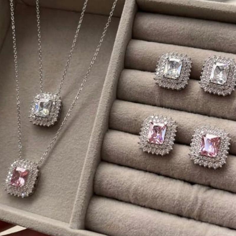 CONJUNTO RODIO LUXO QUADRADO ROSA CLARO
